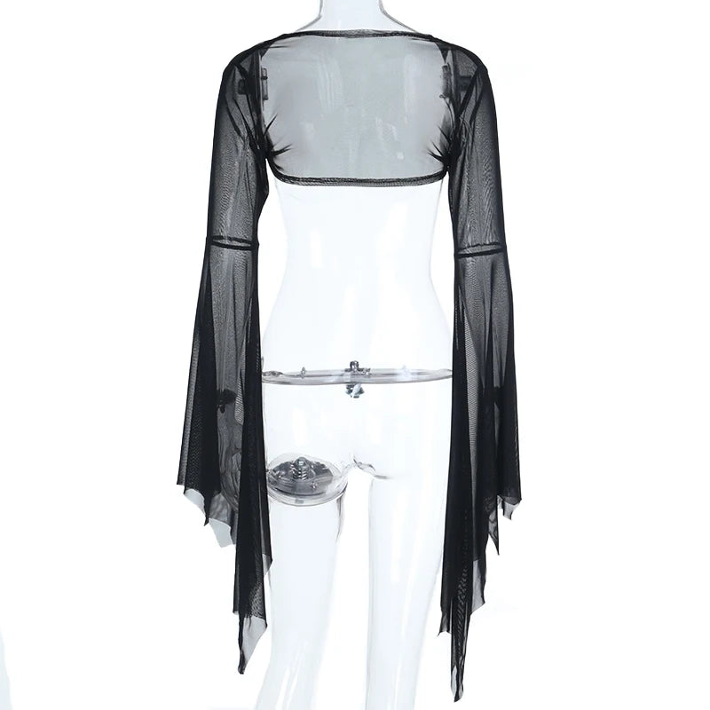 AltGoth Halloween Gothic Mesh Smock Women Vintage Streetwear Witch See Through Bat Sleeve Crop Blouse Sexy Cosplay Clothes Femme