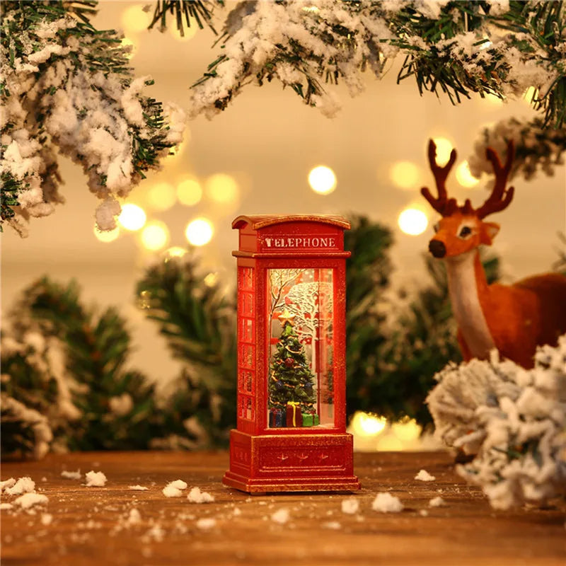 Christmas Decoration Desktop Ornament Luminous Telephone Booth With Snow Globes Spinning Water Swirling Glitter For Home Holiday