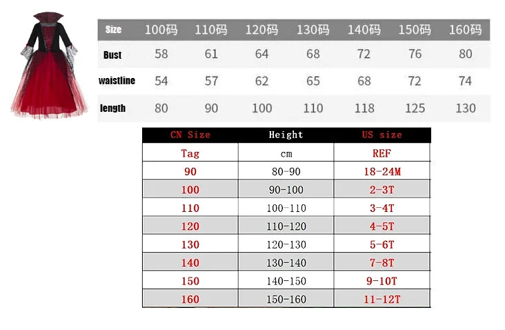 Vampire Halloween Dress for Kid Ghost Bride Gothic Witch Cosplay Costume Carnival Party Black and Red Clothes Dresses for Girls