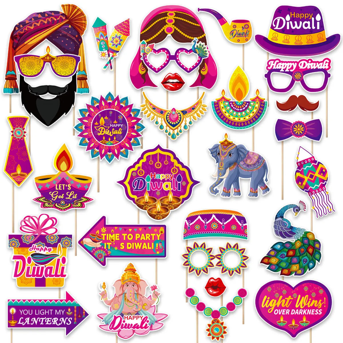 30Pcs/Set Happy Diwali Theme Photo Booth Props Candle Elephant Dress Up Paper Masks for India Diwali Festival Party Decoration