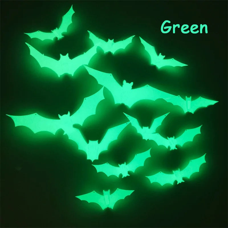 12Pcs/Set 3D Luminous Bat Wall Stickers Halloween Party Decoration PVC Stickers Living Room Window Home Decor Wall Decals Glow