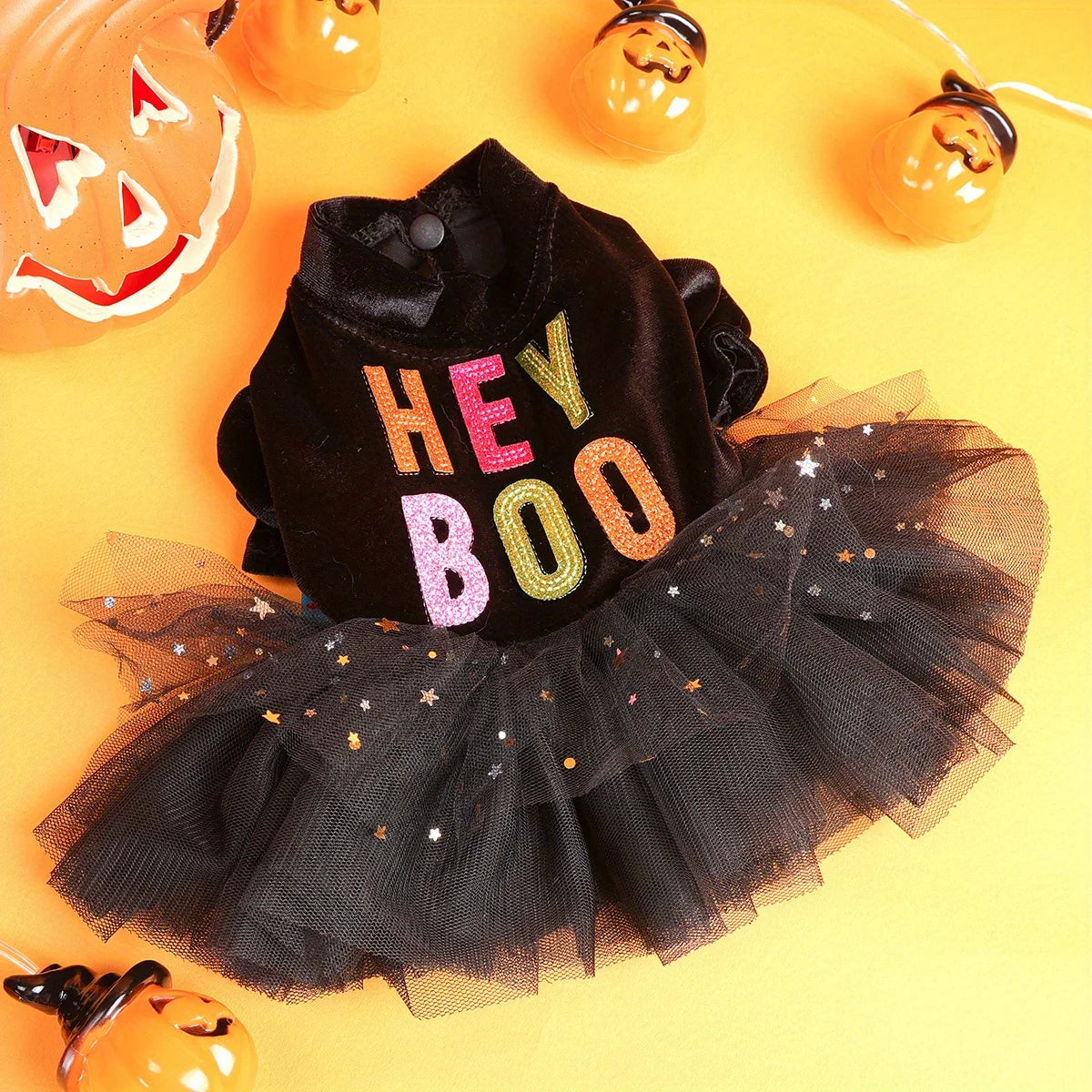 Hey Boo Halloween Dress Pet Clothes Dog Cat Black Mesh Dress Handsome Funny Color Hey Boo Open Button Wedding Dress