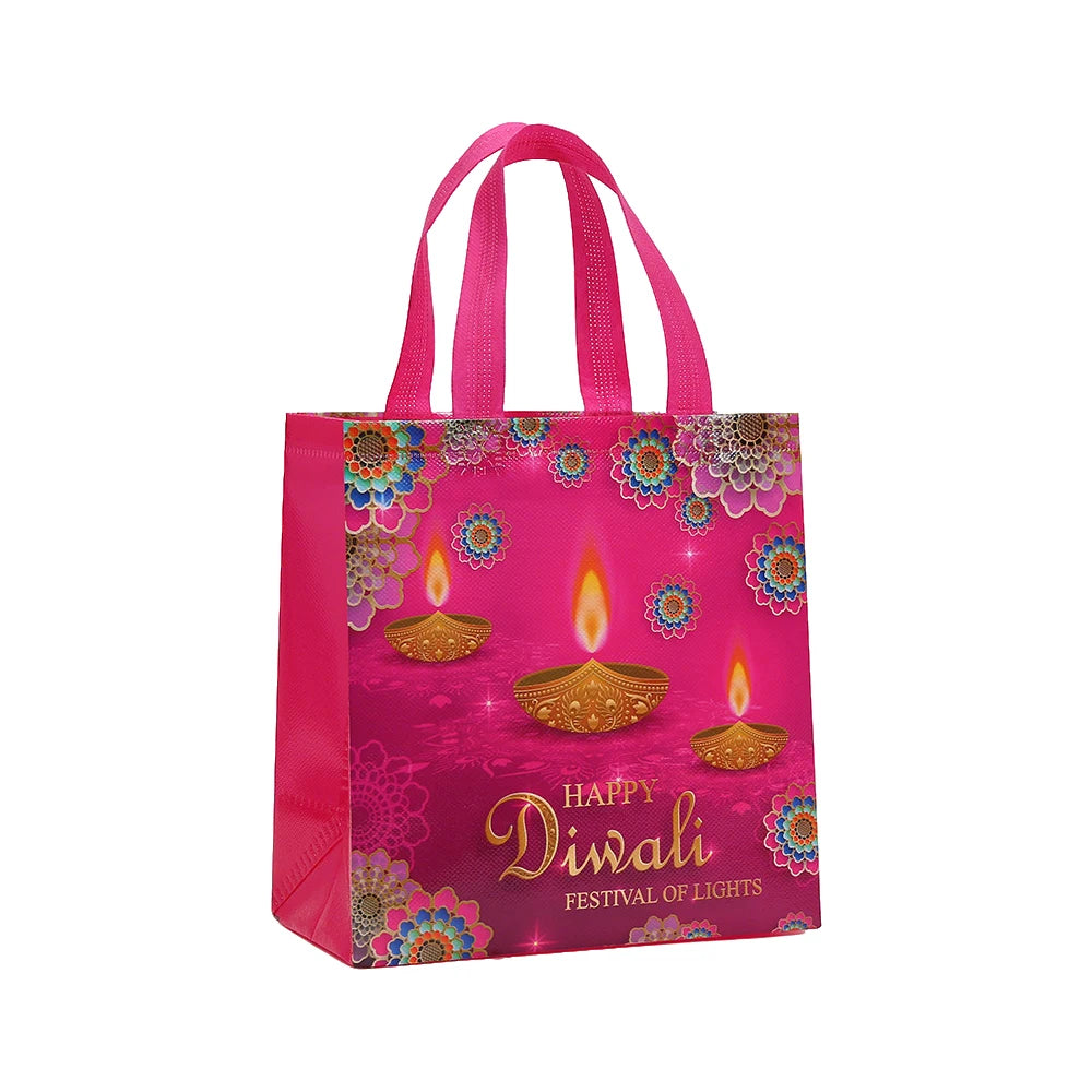 12Pcs Happy Diwali Theme Non-Woven Gift Packing Bag Candle Shopping Tote Bag for India Diwali Festival Party Favors Bag Decor