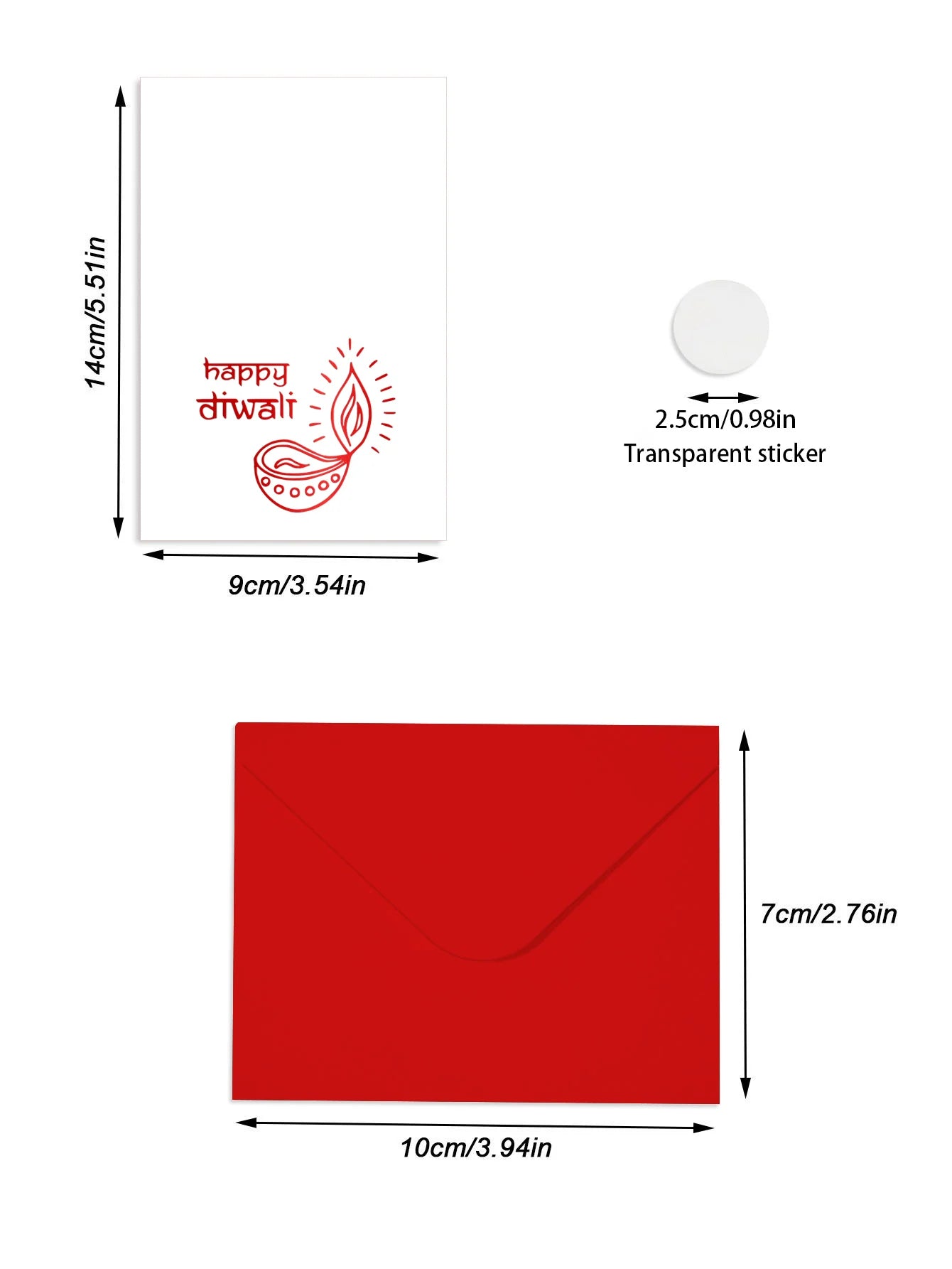 Diwali Greeting Cards and Envelopes Set, "Happy Diwali" with Diya Print, Assorted Colors (Green/Red/White), Festive Diwali Stati