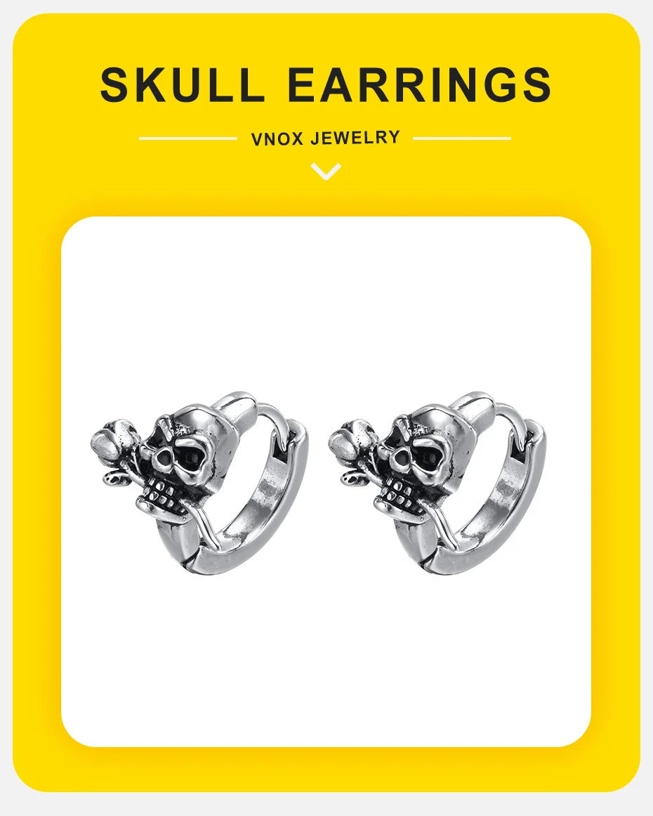 Vnox Gothic Skull Skeleton Huggie Hoop Earrings for Men Boys, Rock Punk Stainless Steel Cocktail Party Halloween Gift Jewelry