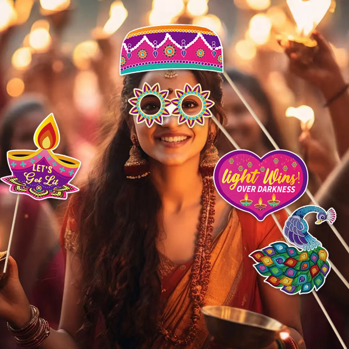 30Pcs/Set Happy Diwali Theme Photo Booth Props Candle Elephant Dress Up Paper Masks for India Diwali Festival Party Decoration