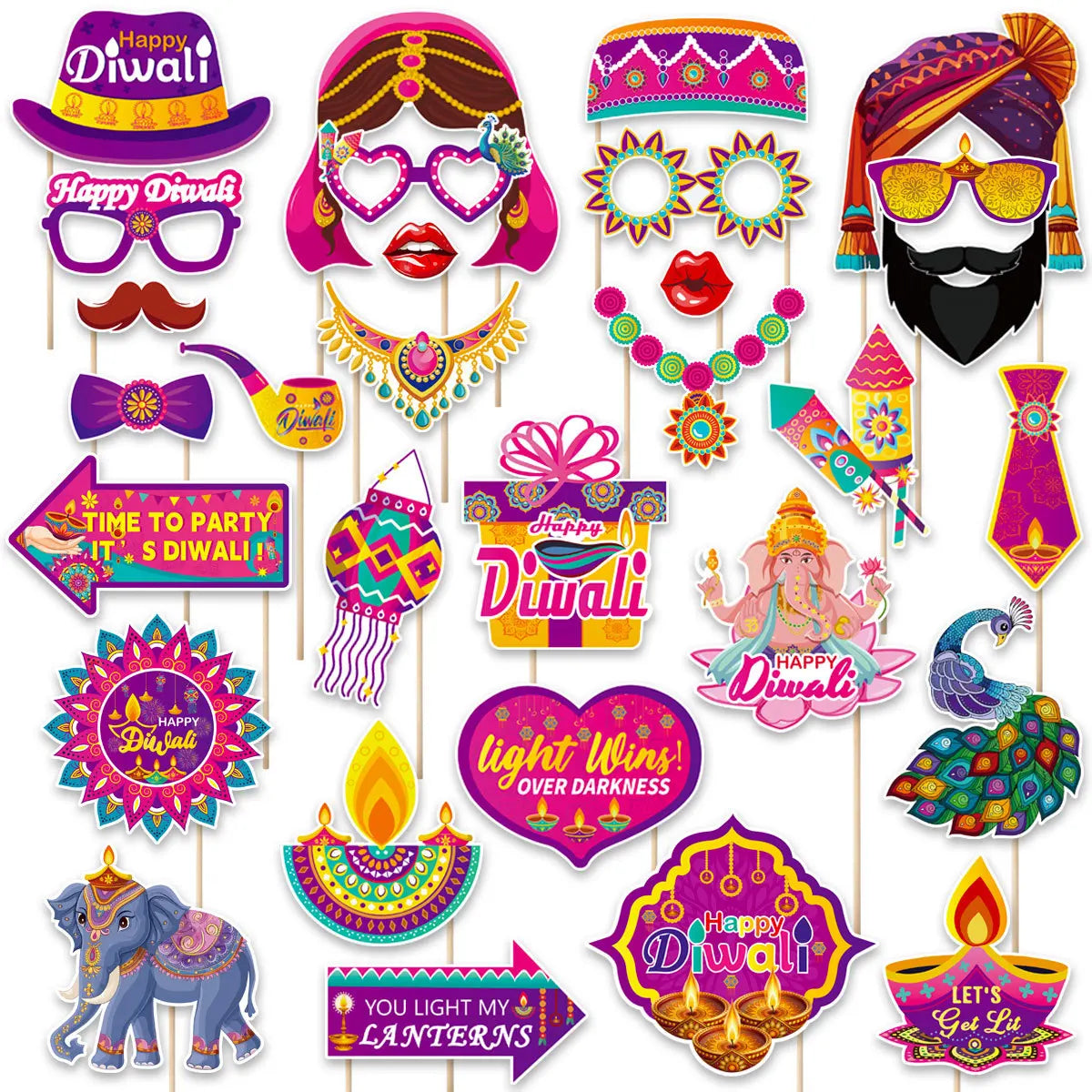 30Pcs/Set Happy Diwali Theme Photo Booth Props Candle Elephant Dress Up Paper Masks for India Diwali Festival Party Decoration