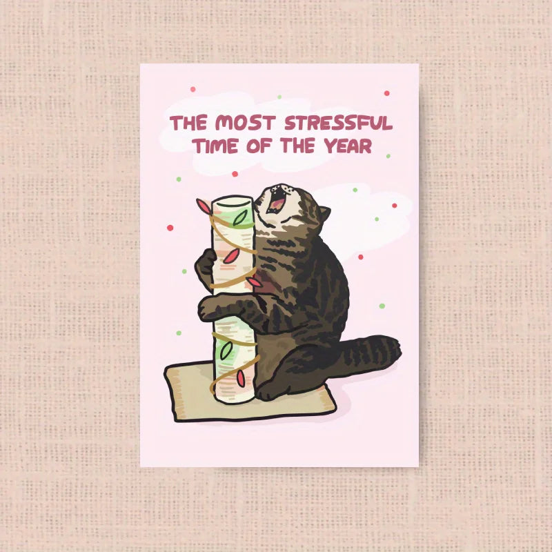 1pc, Christmas card, Merry Christmas, The most stressful time of the year, cat holding a wooden stick, Christmas lights