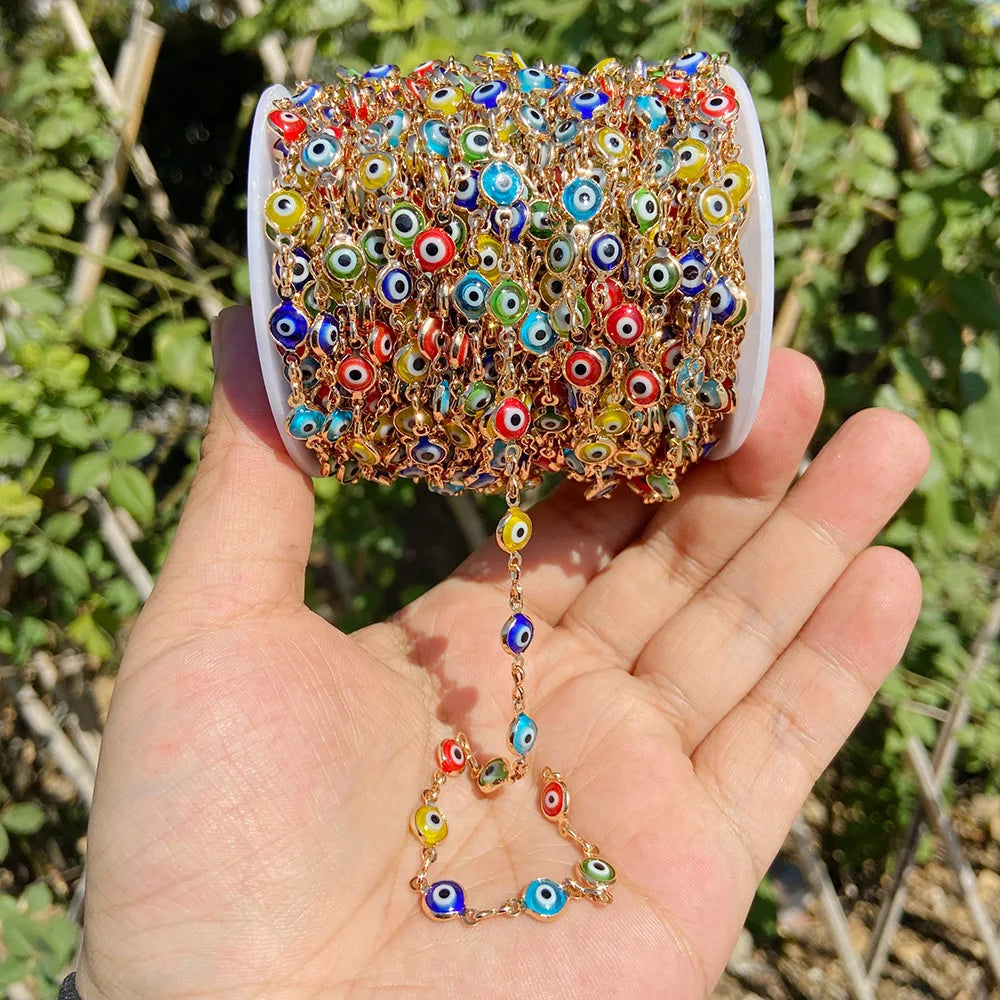 Colorful Evil Eye Beads Chains Stainless Steel Link Pearl Beaded Chains Turkey Eye Link Chain for Necklace Making Jewelry DIY