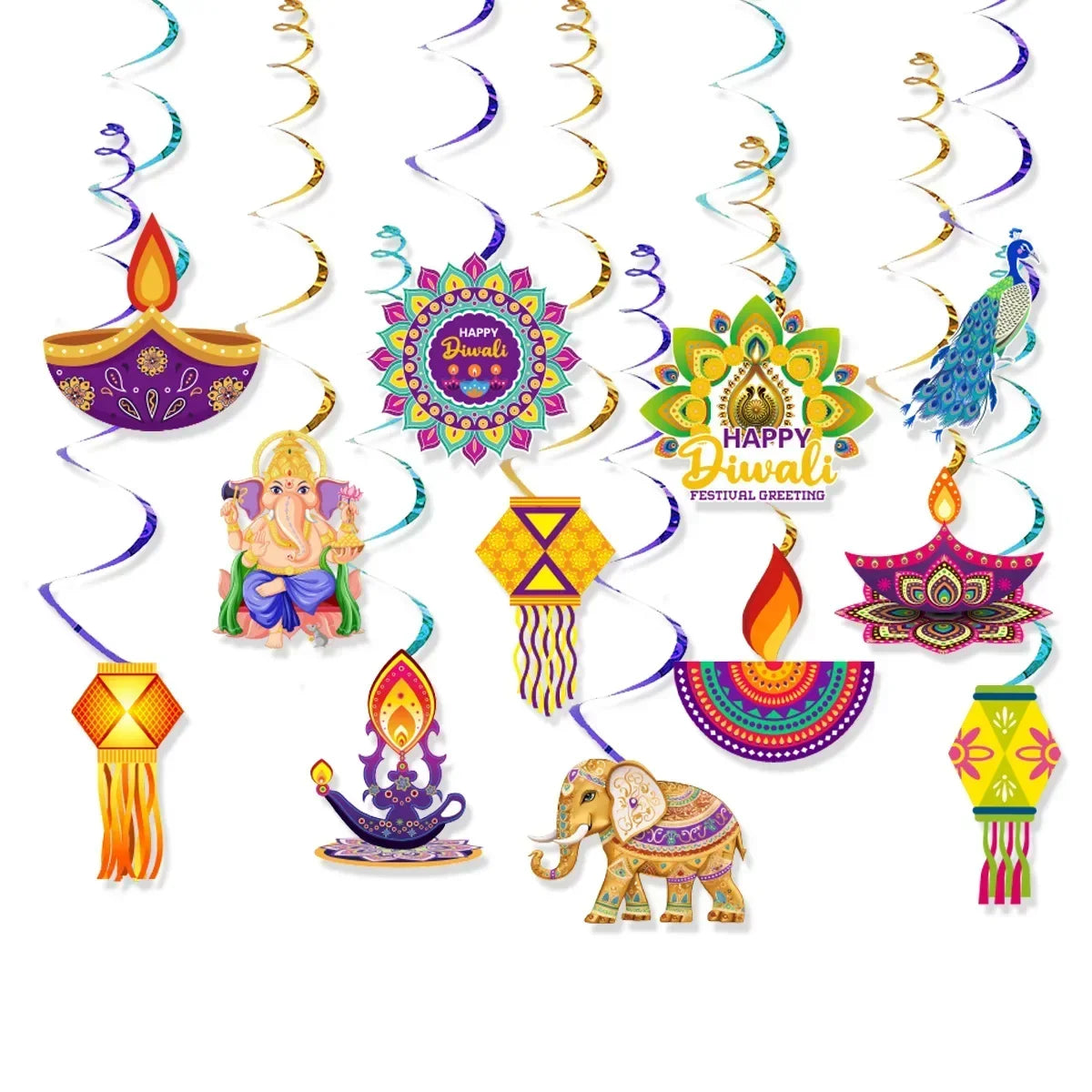 Happy Diwali Party Banner Spiral Banner Swirl Hanging Garland Cupcake Topper for India Diwali Festival Theme Party Decoration