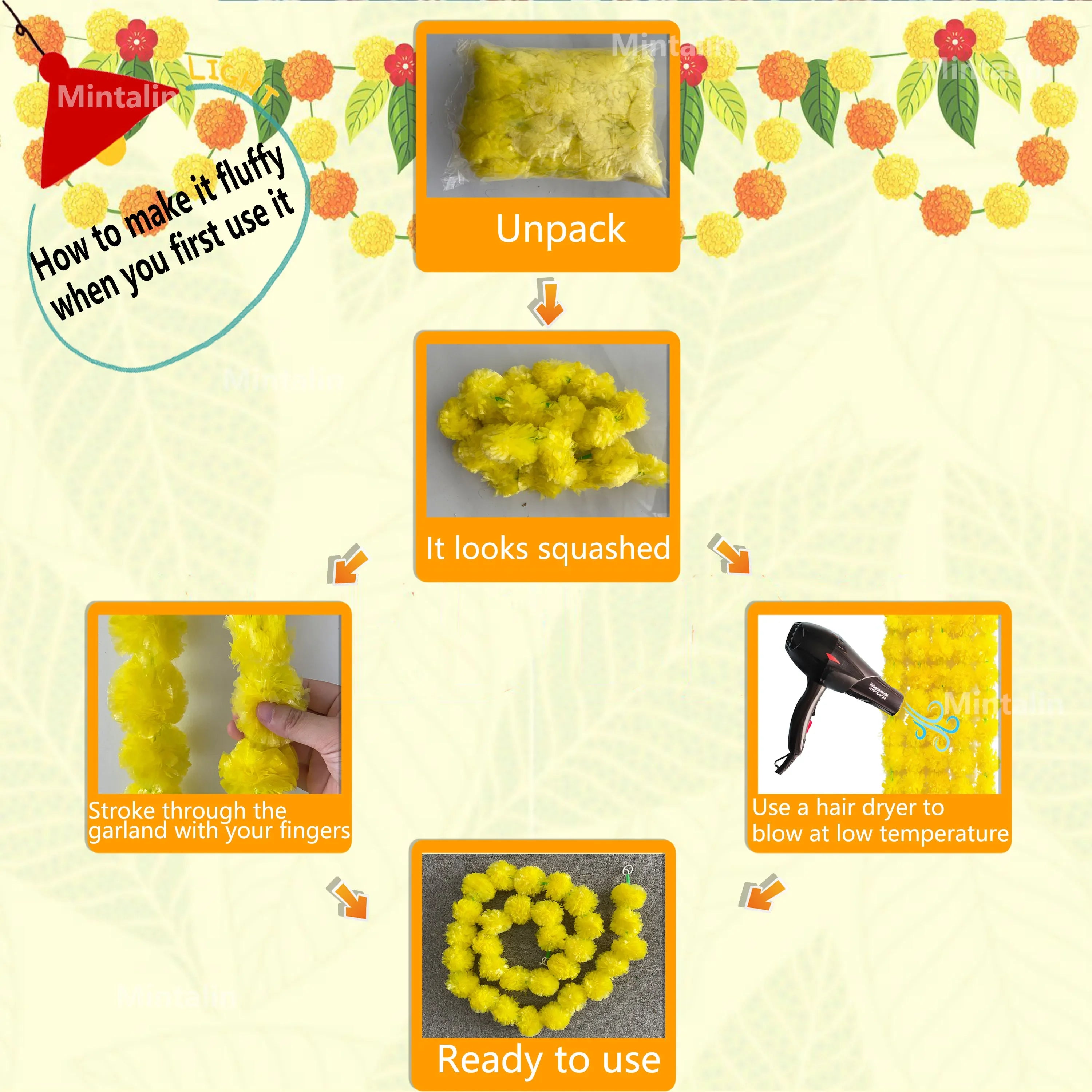 2 Pcs Marigold Flower Garland with бо Flowers for Diwali Mexican Dia de los Muertos DIY Wreath Day of The Dead Decor Party