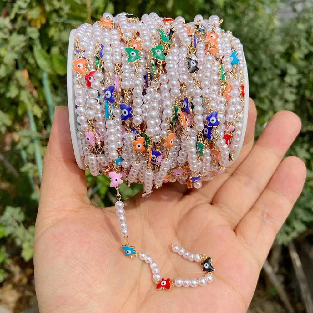 Colorful Evil Eye Beads Chains Stainless Steel Link Pearl Beaded Chains Turkey Eye Link Chain for Necklace Making Jewelry DIY