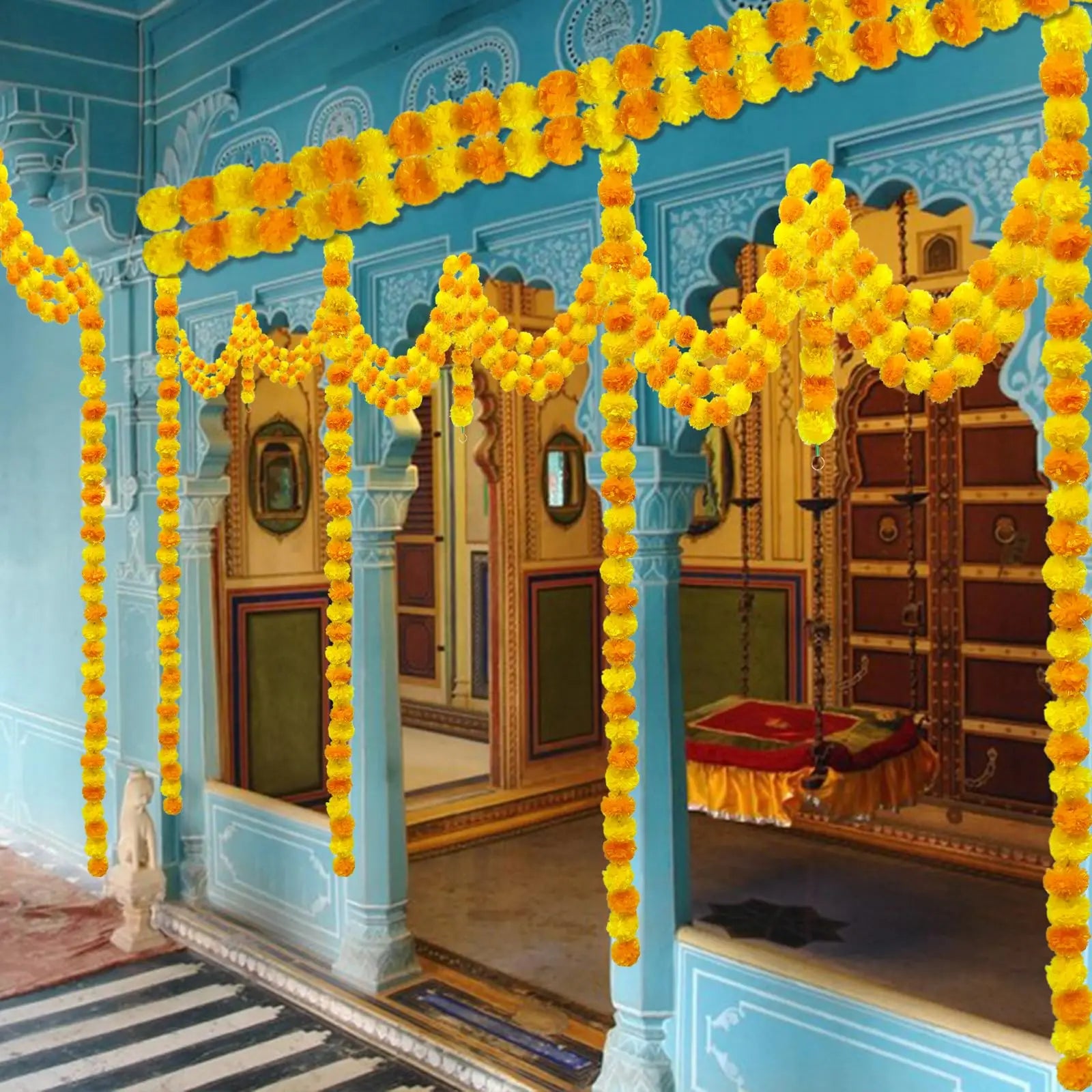 5-100PCS Marigold Flower Garlands for Decoration Artificial Flowers Diwali Indian Décor Pooja Day of The Dead Mexican Party