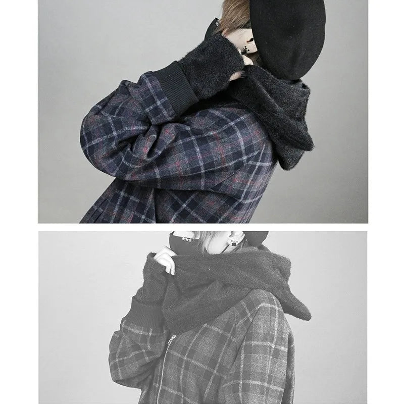 Japanese Harajuku Embroidery New Plush Dark Series Hat Student Boys and Girls Cat Ears Hats Scarf Winter Hat Y2K Halloween Cap