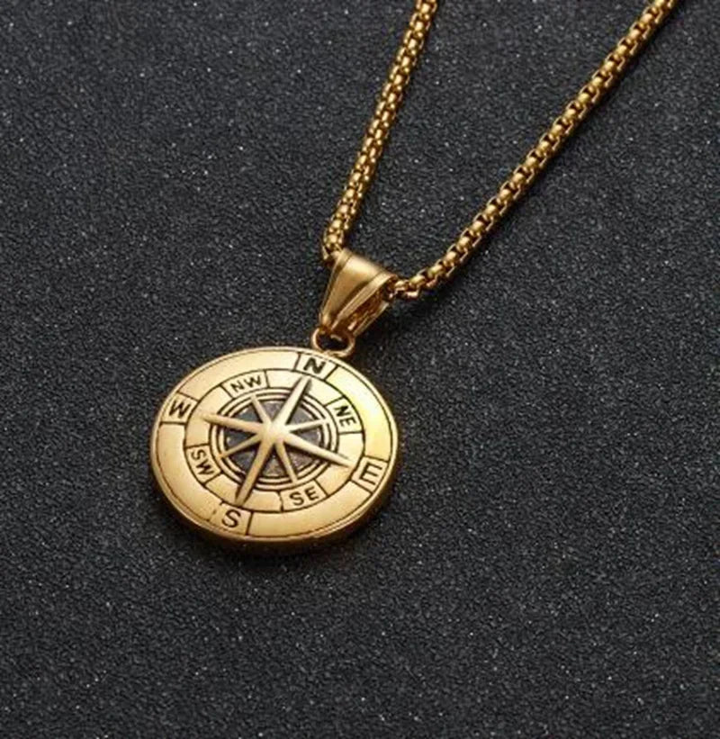 Gold Color Cross Compass Polaris Pendant Round Coin Necklace Men and Women Charm Hip Hop Rock Casual Party Jewelry Gift