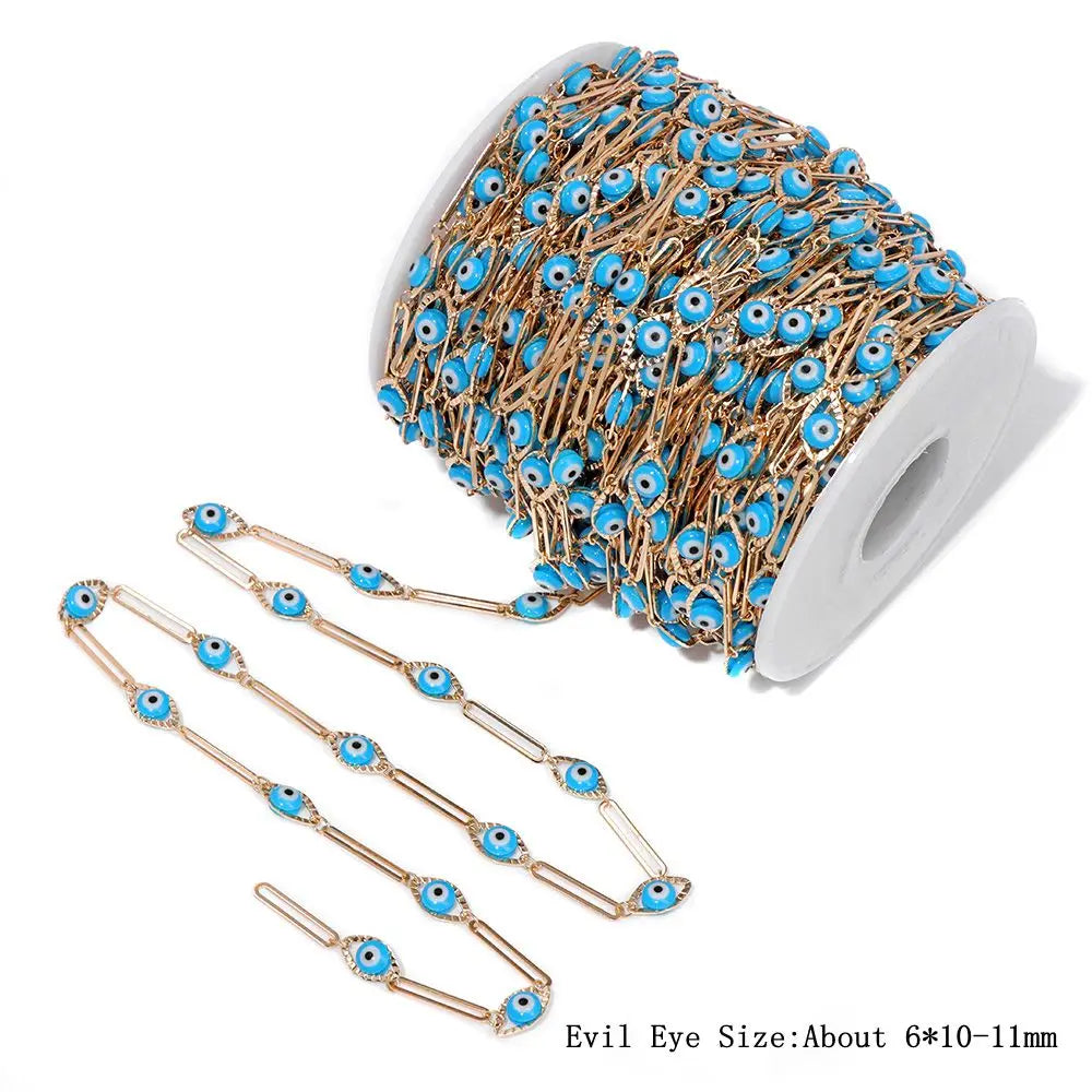 Colorful Evil Eye Beads Chains Stainless Steel Link Pearl Beaded Chains Turkey Eye Link Chain for Necklace Making Jewelry DIY