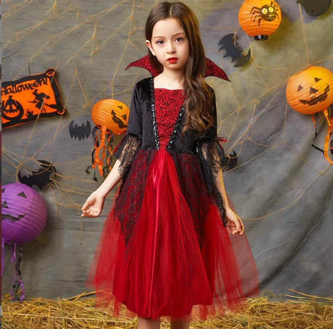 Girl Vampire Halloween Dress For Kid Ghost Bride Gothic Cosplay Vampire Costume Count Vampiran Carnival Outfit Black Red Clothes