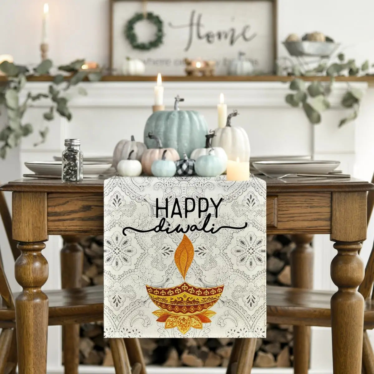 Happy Diwali Table Runner, Festival of Light Marigold Holiday Kitchen Dining Table Decoration for Home Party Decor