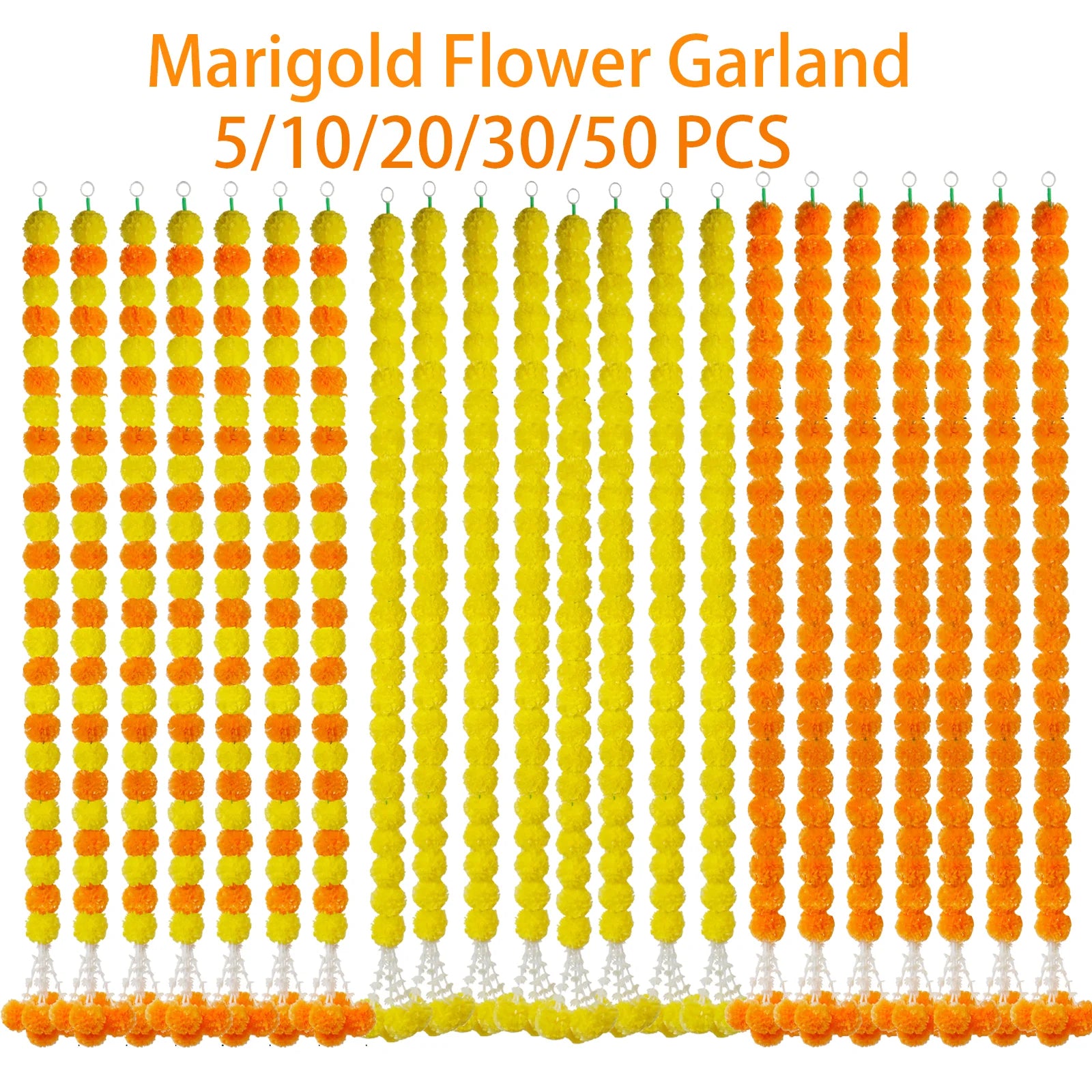 5-50pcs Marigold Flower Garlands Artificial Flower Garland for Indian Décor,Pooja, Diwali, Fiesta Day of The Dead, Mexican Party