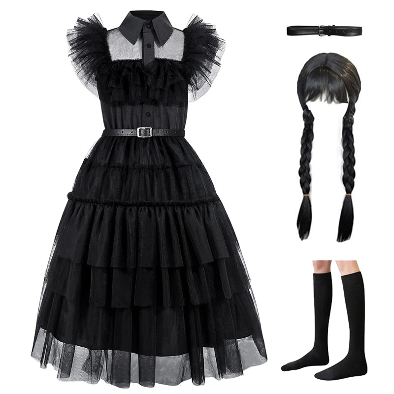 KLFLGD Black Lace Halloween Dress Up Girl's Birthday Party Performance Dress New Girl Role Playing Dress 4-12 Years Old