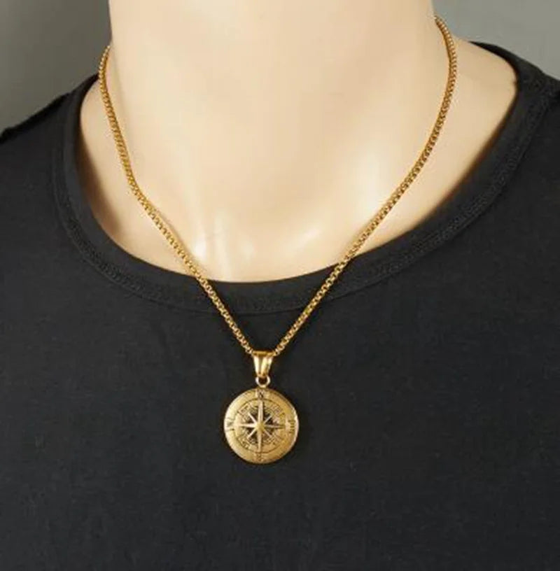 Gold Color Cross Compass Polaris Pendant Round Coin Necklace Men and Women Charm Hip Hop Rock Casual Party Jewelry Gift