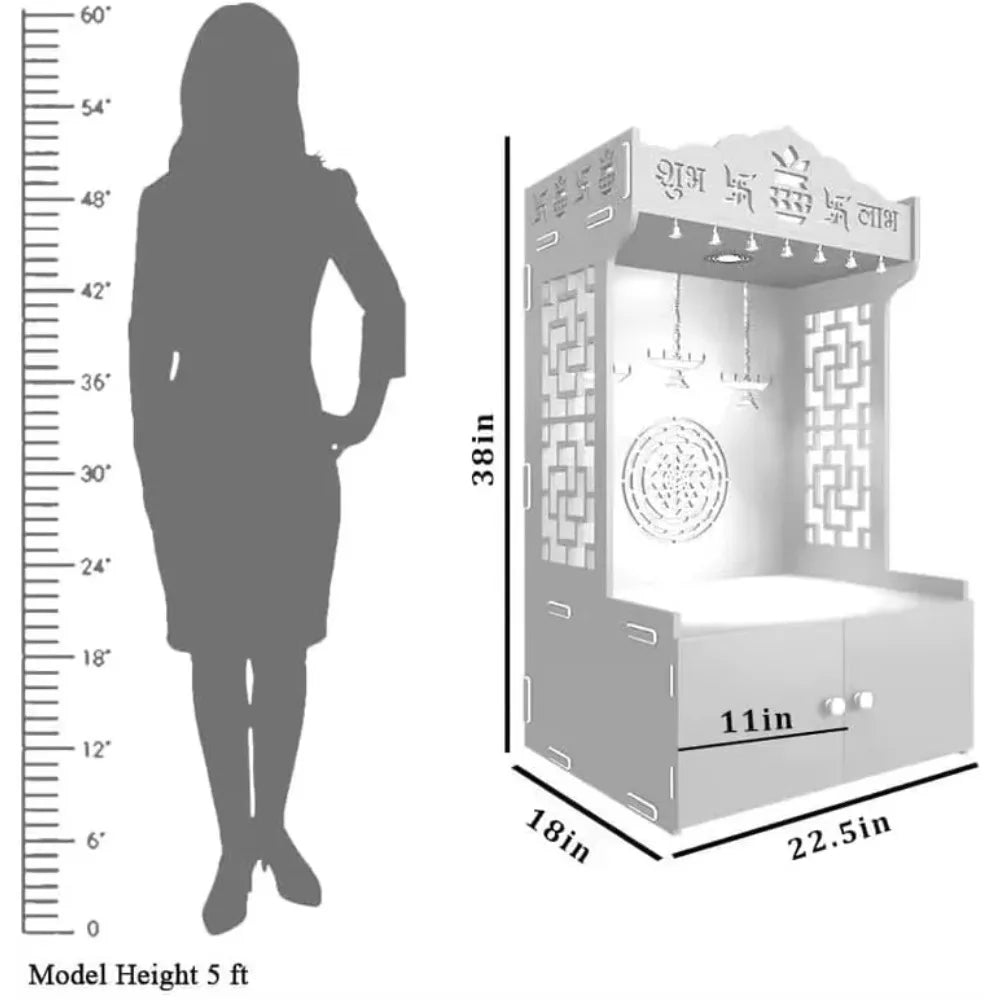 Trading World Wooden Temple Mandir Offers Spacious Built-in Shelf Focusing Lights for Families