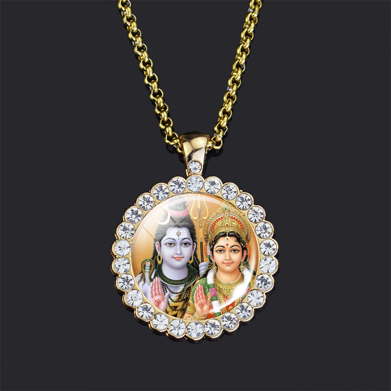Shiva Parvati Necklace Hindu God Jewelry Vishnu Lakshmi Glass Rhinestone Pendant Chain Necklace Hinduism Jewelry