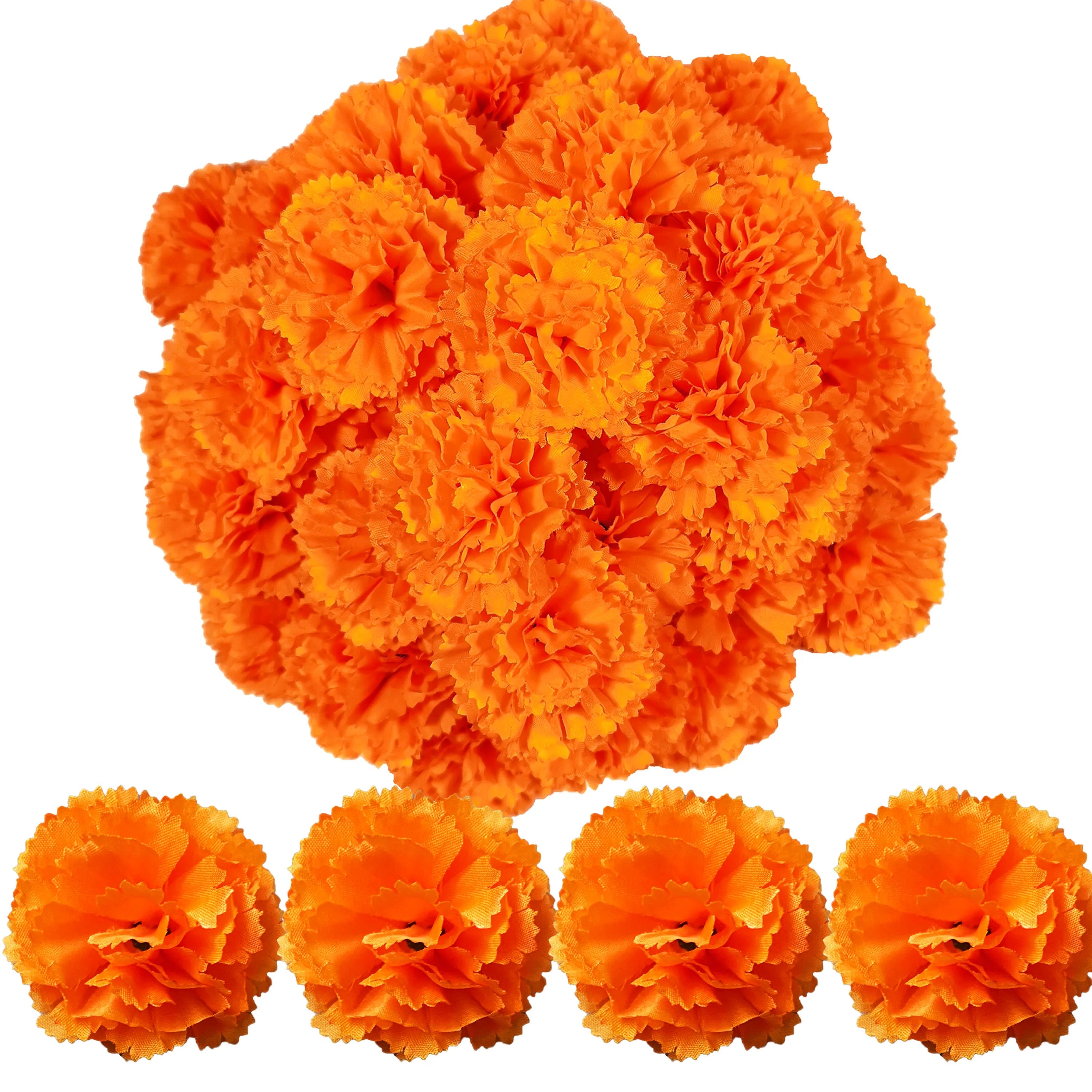 I5Opcs Marigold Flower Heads Bulk for Indian Pooja Bush Floral for Diwali Home Decor DIY Wreath Garland Craft