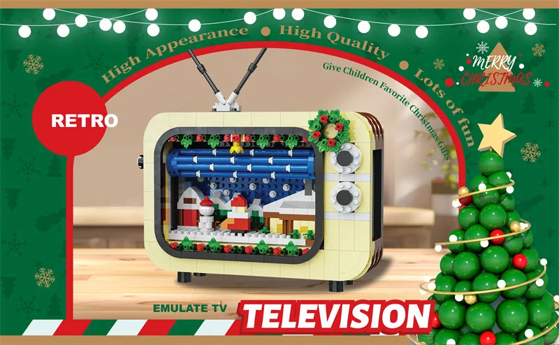 Christmas Retro Tv Building Blocks Assembly Building Blocks Xmas Gift Mini Bricks Diy Assembly Educational Toys Plastic Model