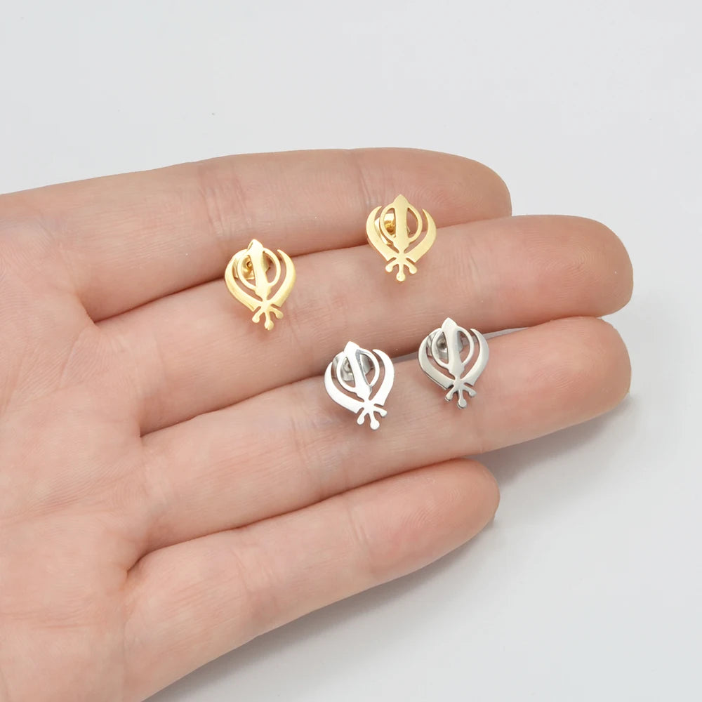 Anniyo Sikhism Stud Earrings Stainless Steel Sikh Khanda Jewelry India Pakistan Malaysia Punjab Religious @363521