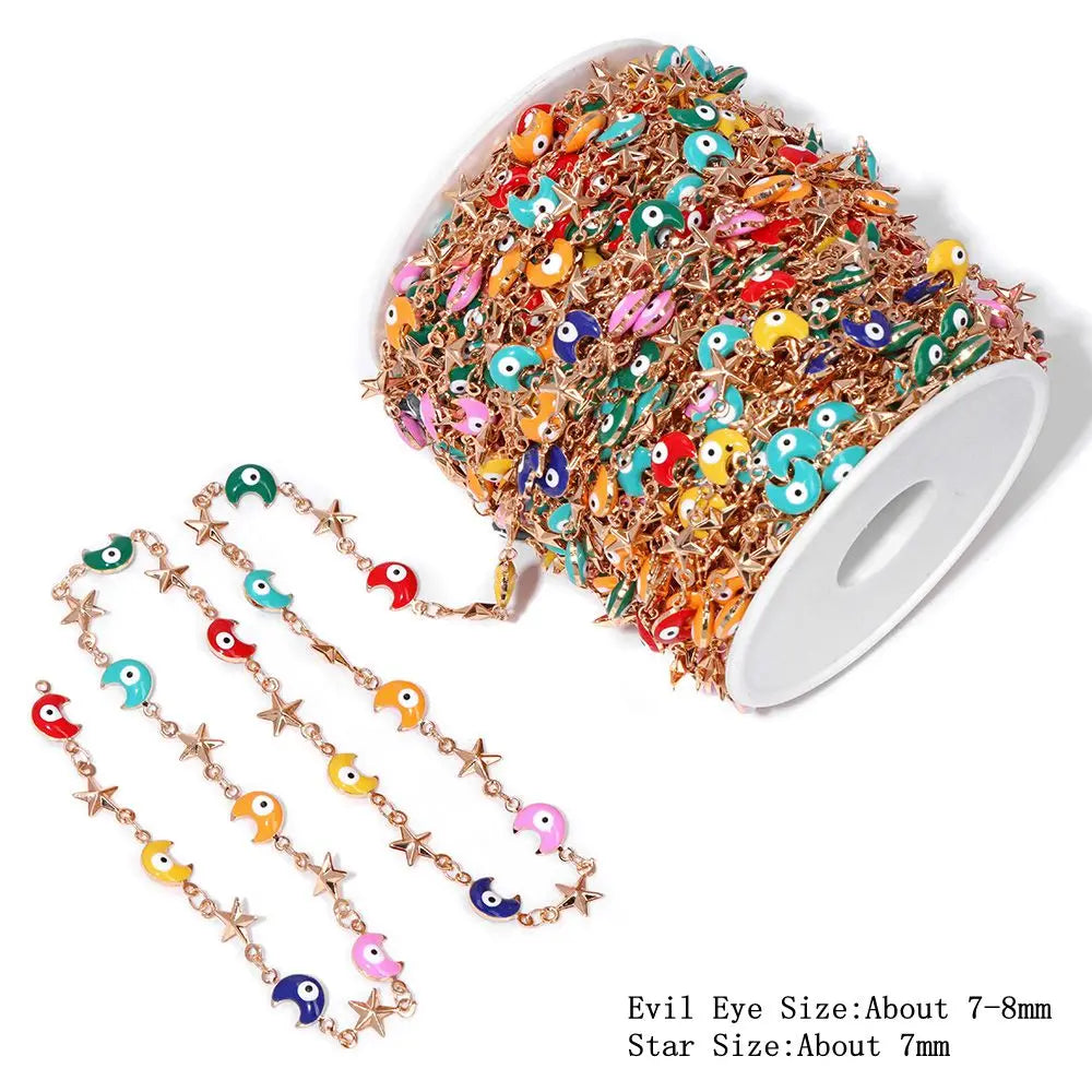 Colorful Evil Eye Beads Chains Stainless Steel Link Pearl Beaded Chains Turkey Eye Link Chain for Necklace Making Jewelry DIY