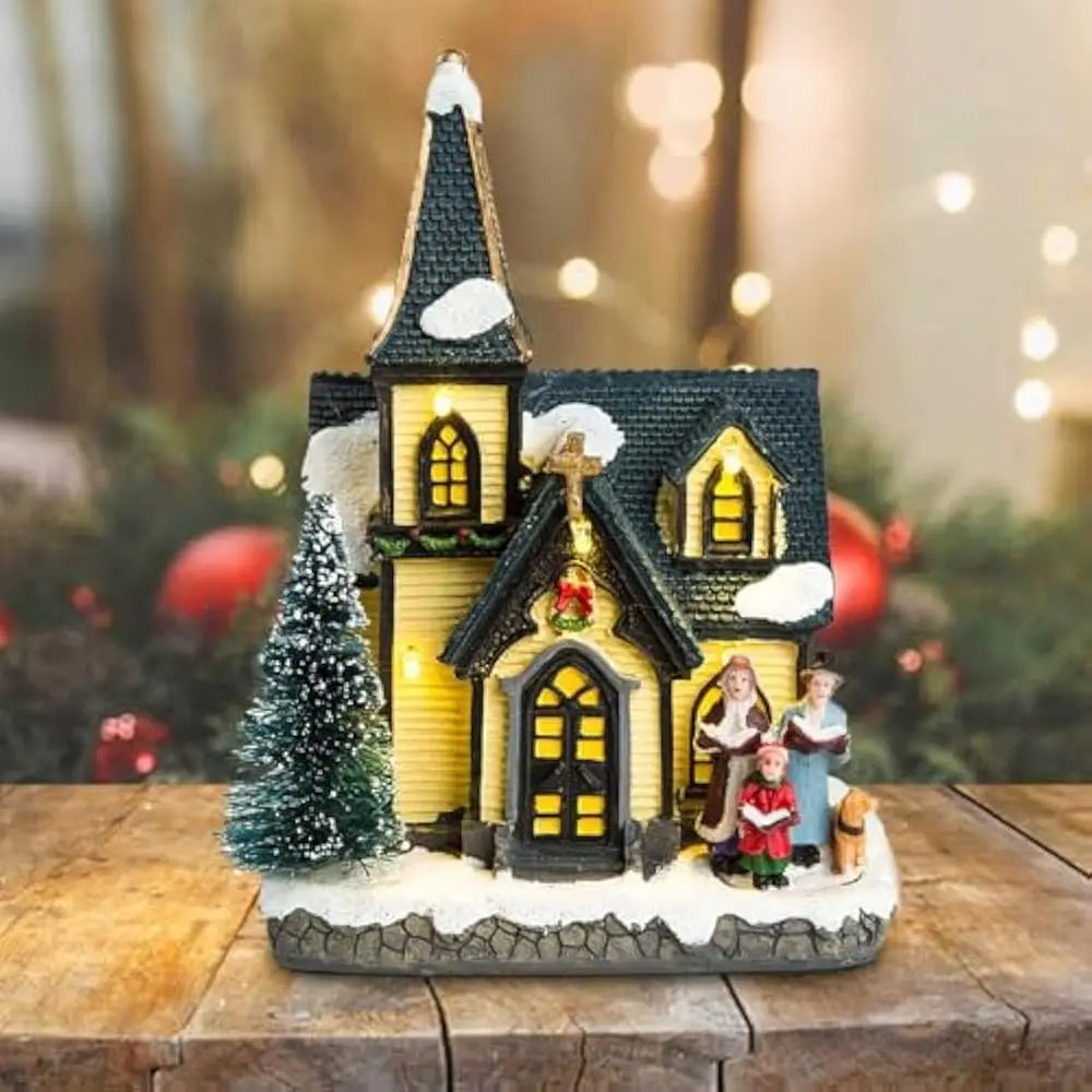 Christmas Church Snow Village House LED Lights Choir Figurines Collectible Building Indoor Holiday Decoration for Home Fireplace