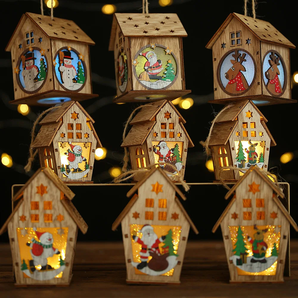Christmas LED Light Wood House Cute Tree Hanging Pendant Window Decoration Ornaments Children's Handmade DIY Gift