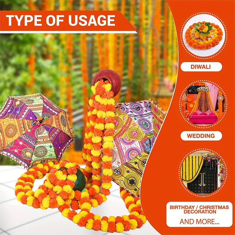 1.5m Marigold Flower Garland Plastic Artificial Flowers Indian Diwali Traditional Festival Wreath Day of The Dead Party Decor
