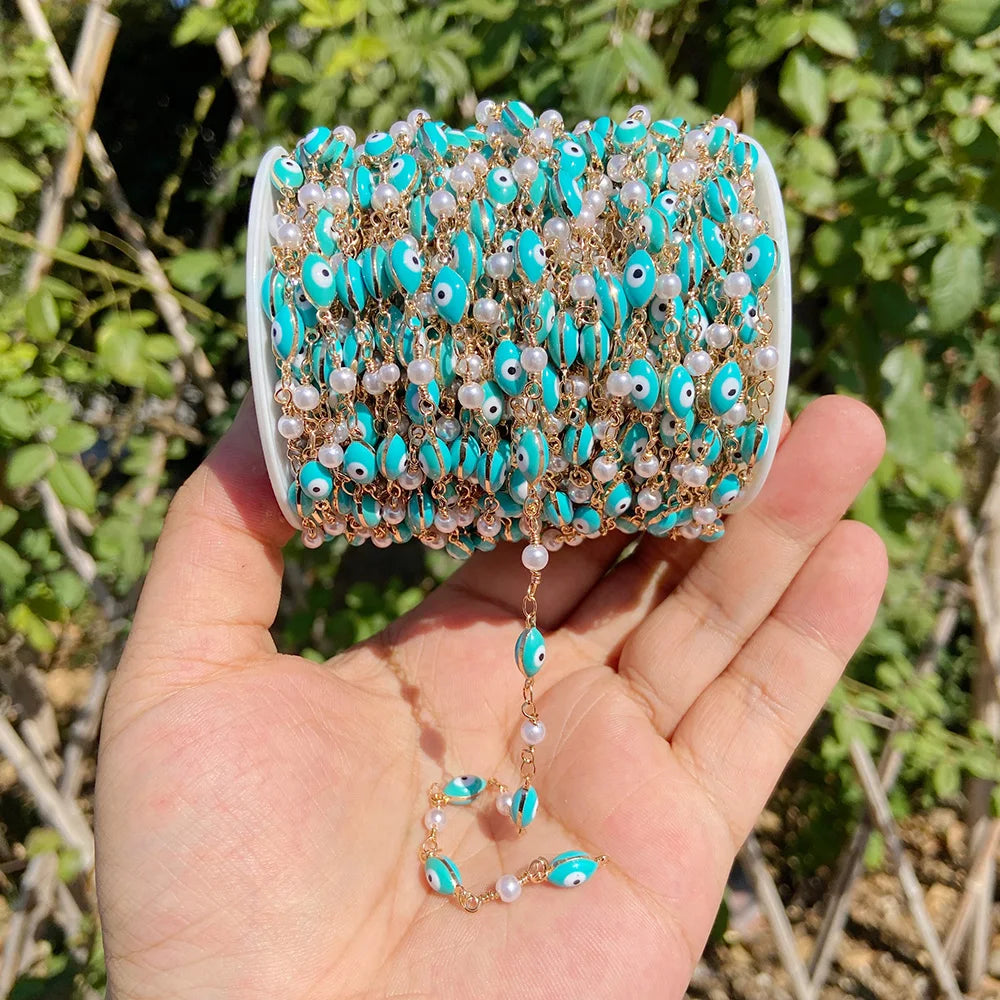 Colorful Evil Eye Beads Chains Stainless Steel Link Pearl Beaded Chains Turkey Eye Link Chain for Necklace Making Jewelry DIY