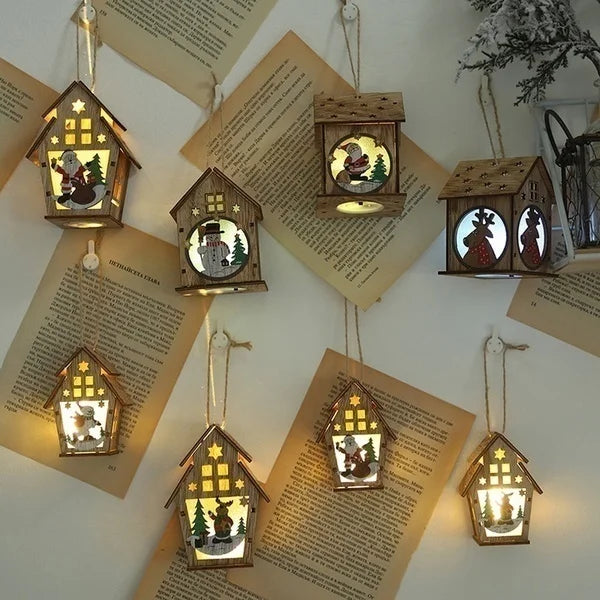 Christmas LED Light Wood House Cute Tree Hanging Pendant Window Decoration Ornaments Children's Handmade DIY Gift