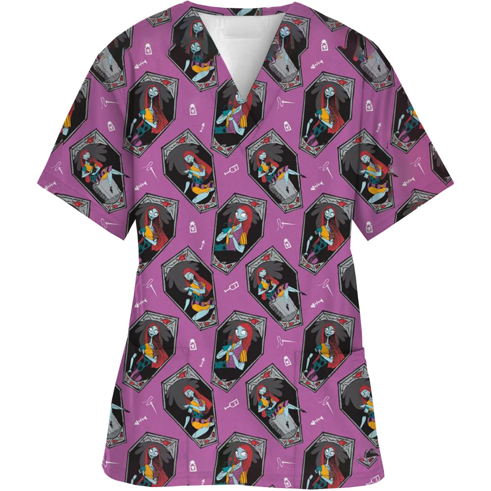 Christmas Nightmare V-neck Work Clothes Halloween Surgery plus size Nurse Medical Clothes Matte Top Women