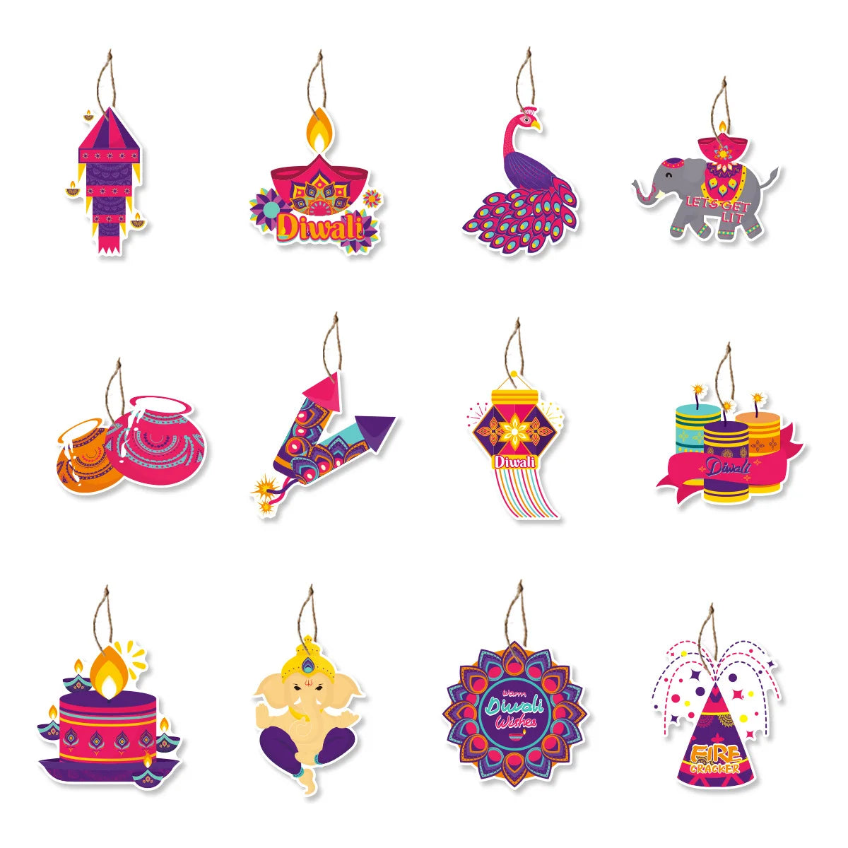 12Pcs/Bag Happy Diwali Theme Paper Tree Pendant Banner Hangers Background for India Diwali Festival Party Decoration