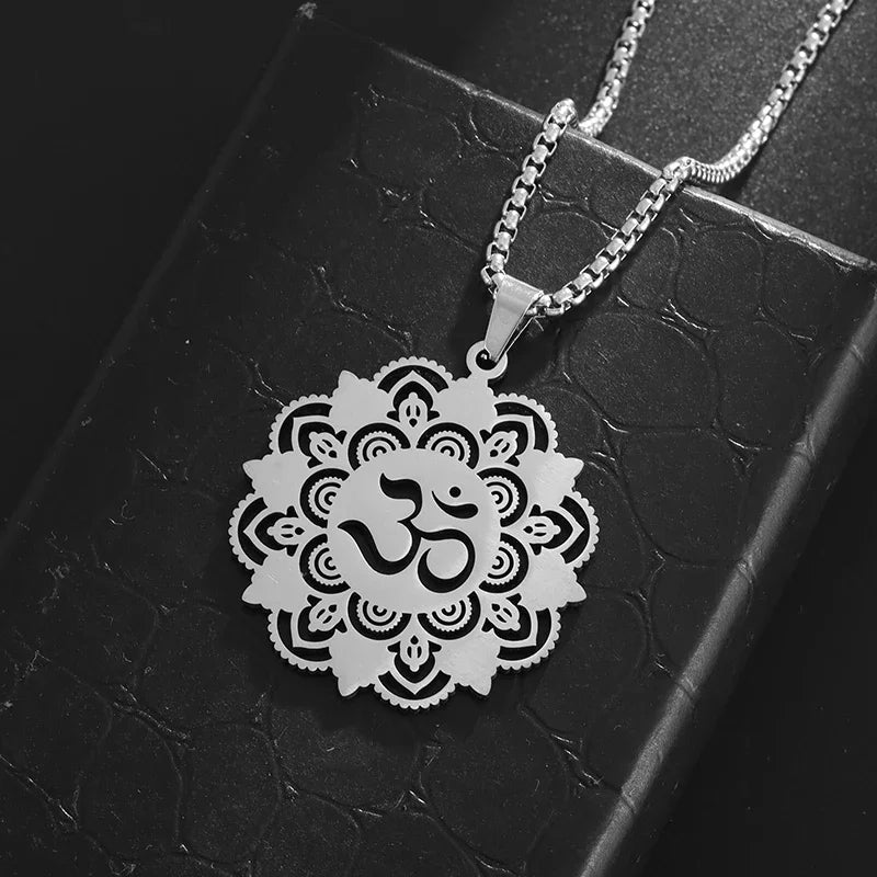 Stainless Steel Indian Religious Mandala Lotus Symbol Necklace Men Women Yoga Om Casual Jewelry