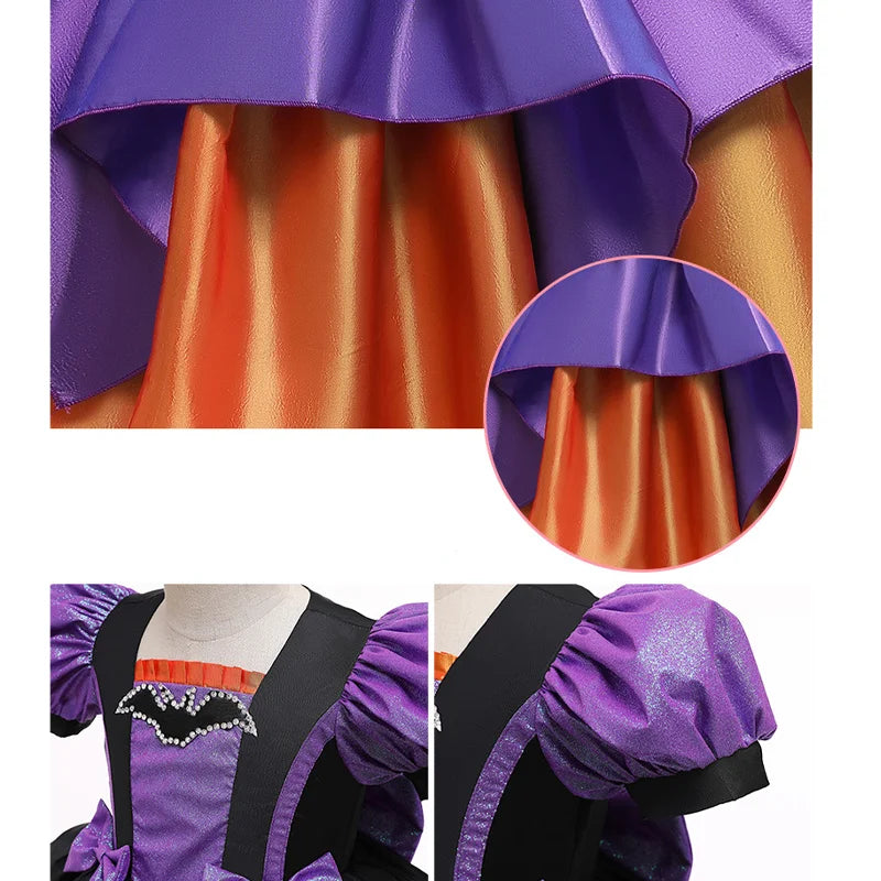 Children Girls Purple Puff Sleeve Sequins Big Bow Princess Dress For Kids Birthday Halloween Dress Up Carnival Party Gown