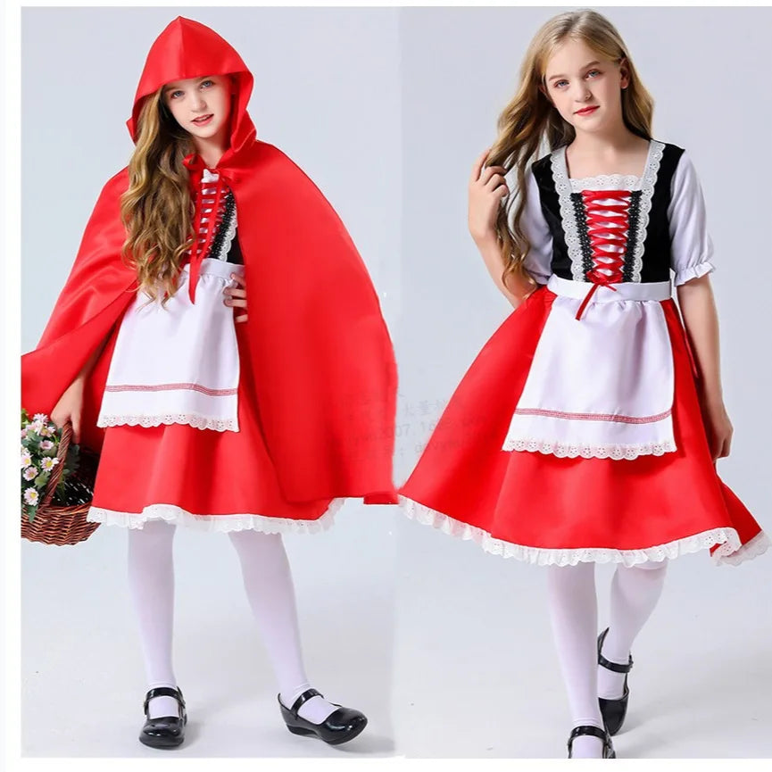 Girls Little Red Riding Hood Cosplay Children's Costume Princess Halloween Dress Headband + Pumpkin Bag Set Dresses for Girls