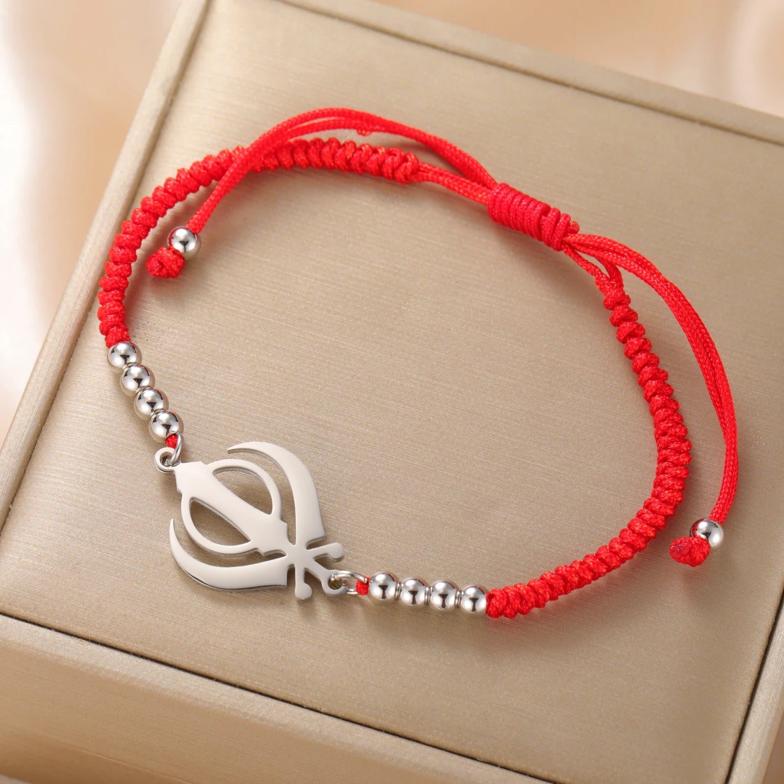 LIKGREAT Sikhism Adjustable Rope Bracelets for Women Men Stainless Steel Sikh Khanda Indian Pakistan Punjab Religious Jewelry