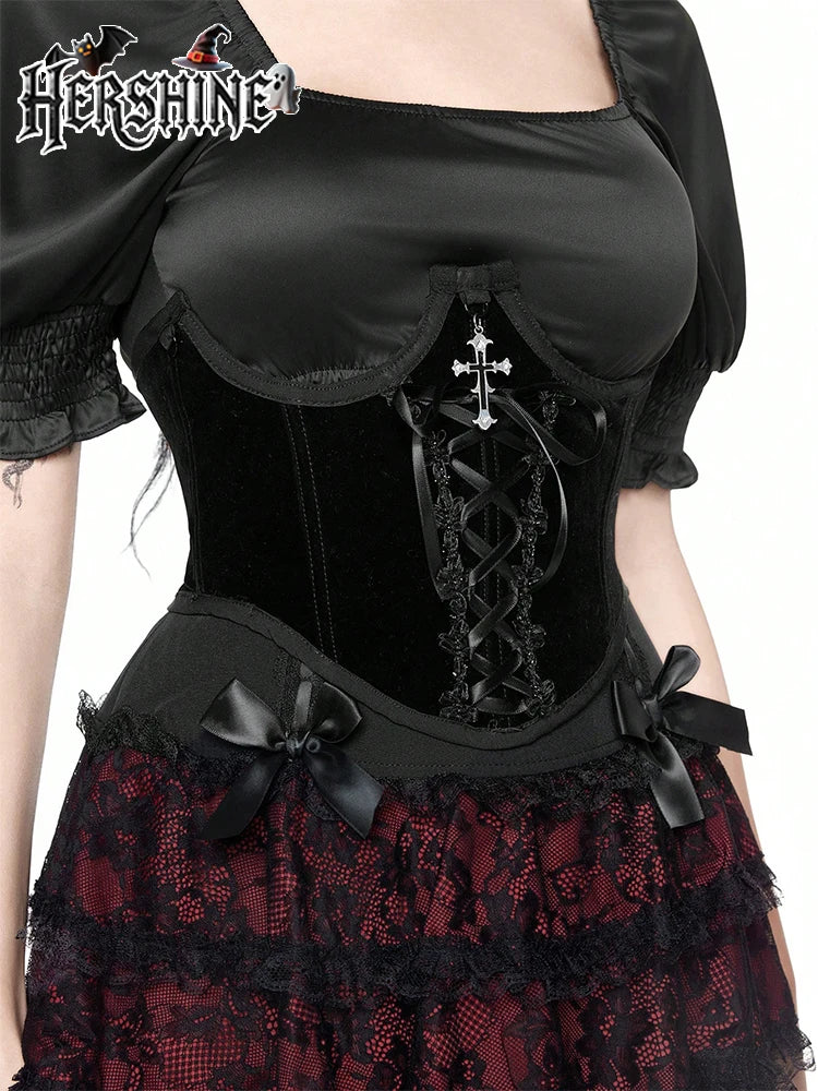 HERSHINE 1-piece Women's Black Velvet Fabric Lace Waist Waist Cover Y2K Gothic Dark Halloween Dress Accessories