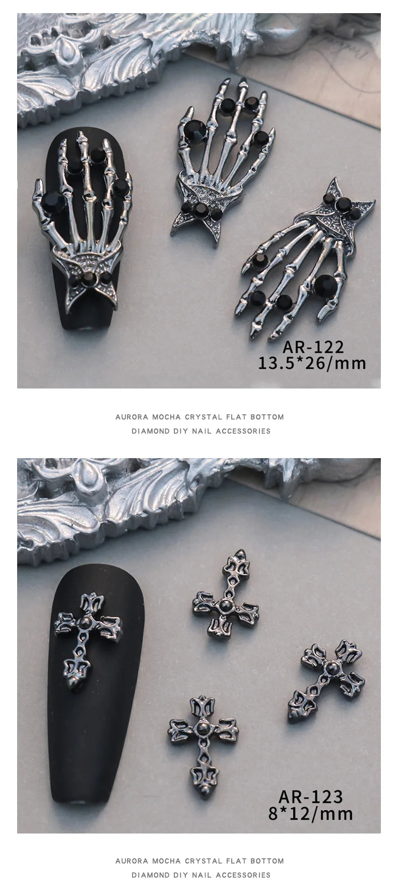 10PCS Black Iron Cross Skull Nail Charms Parts Butterfly Wing Accessories Halloween Nail Art Decoration Design Supplies Material