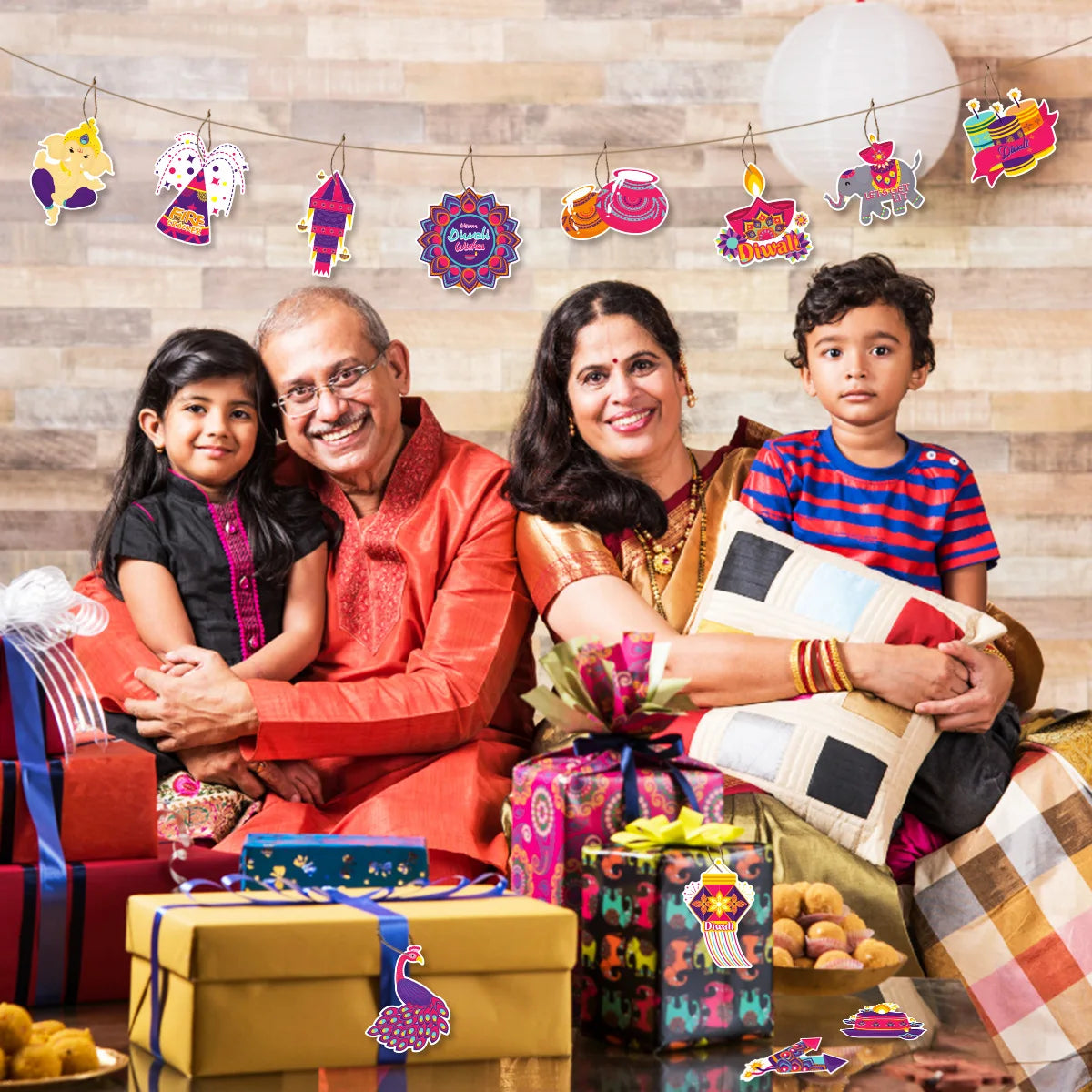 12Pcs/Bag Happy Diwali Theme Paper Tree Pendant Banner Hangers Background for India Diwali Festival Party Decoration