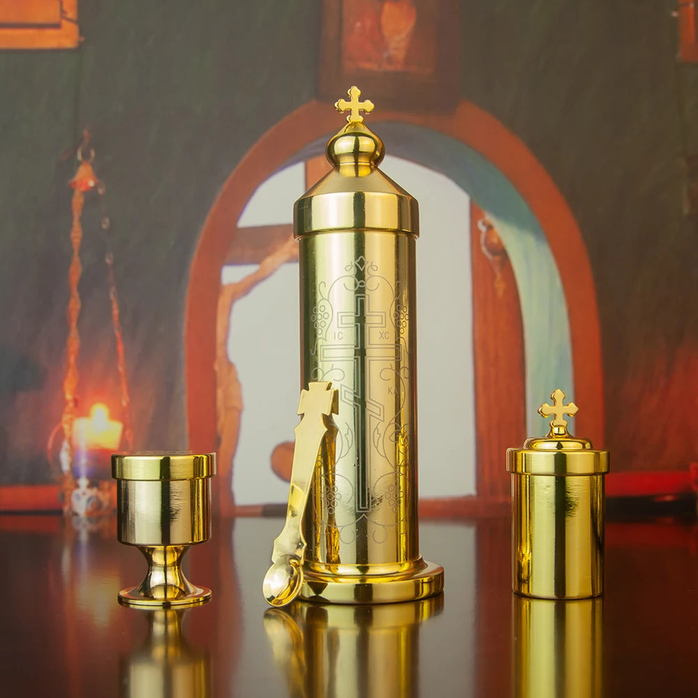 Orthodox Portable Holy Water Set, Religious Articles for Storing and Distributing Holy Water, Cross Design, Blessing Ceremony