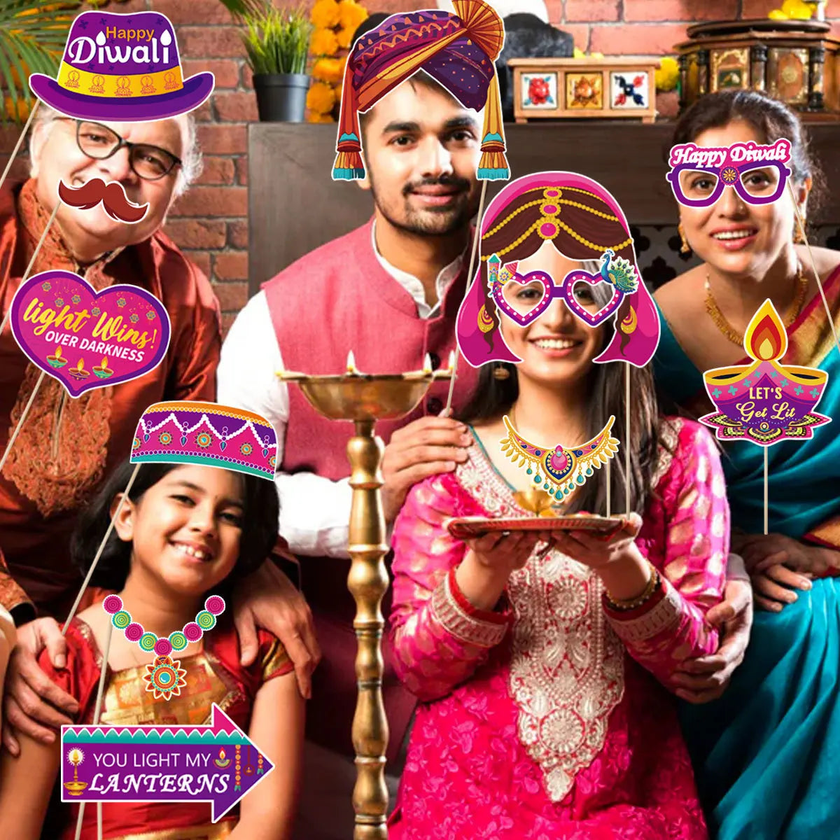 30Pcs/Set Happy Diwali Theme Photo Booth Props Candle Elephant Dress Up Paper Masks for India Diwali Festival Party Decoration