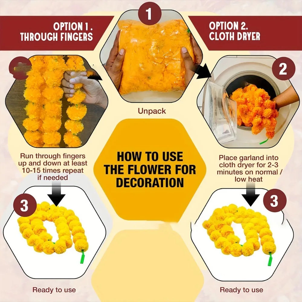 Long Strands Artificial Marigold Garland Pooja Diwali Fiesta Indian Décor Pooja Marigold Flowers Pooja Wedding Events Decor