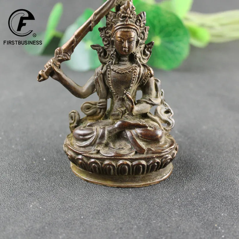 Antique Copper Tibetan Buddhism Holding Sword Manjushri Bodhisattva Buddha Statue China Crafts Collection Home Desktop Ornaments