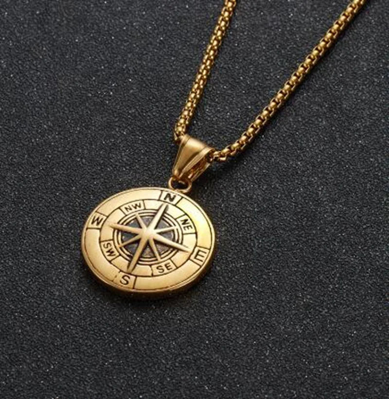 Gold Color Cross Compass Polaris Pendant Round Coin Necklace Men and Women Charm Hip Hop Rock Casual Party Jewelry Gift